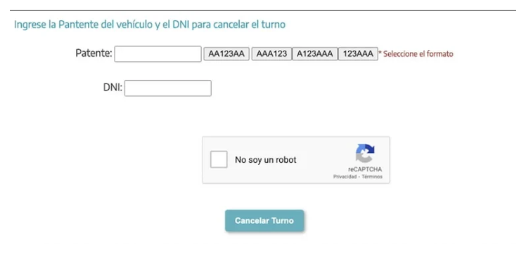 Pantalla para cancelar el turno de la VTV en Batán con patente y DNI