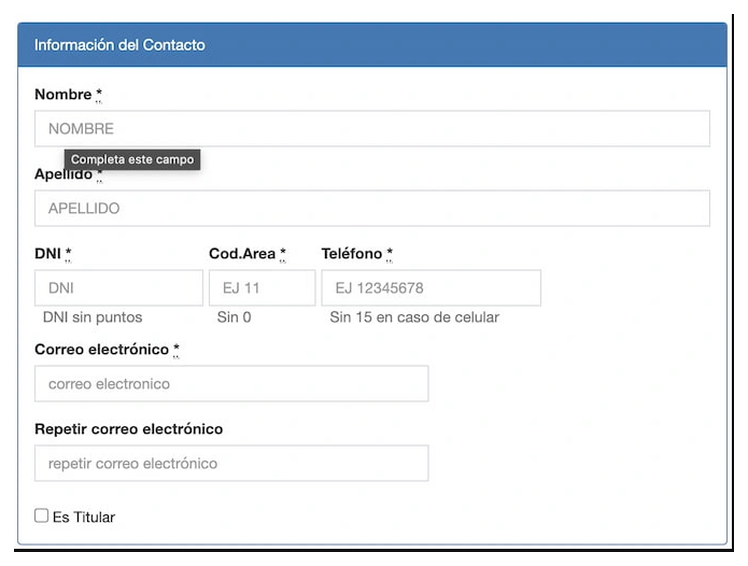 Paso 2 para sacar turno de la VTV en Batán: información del contacto